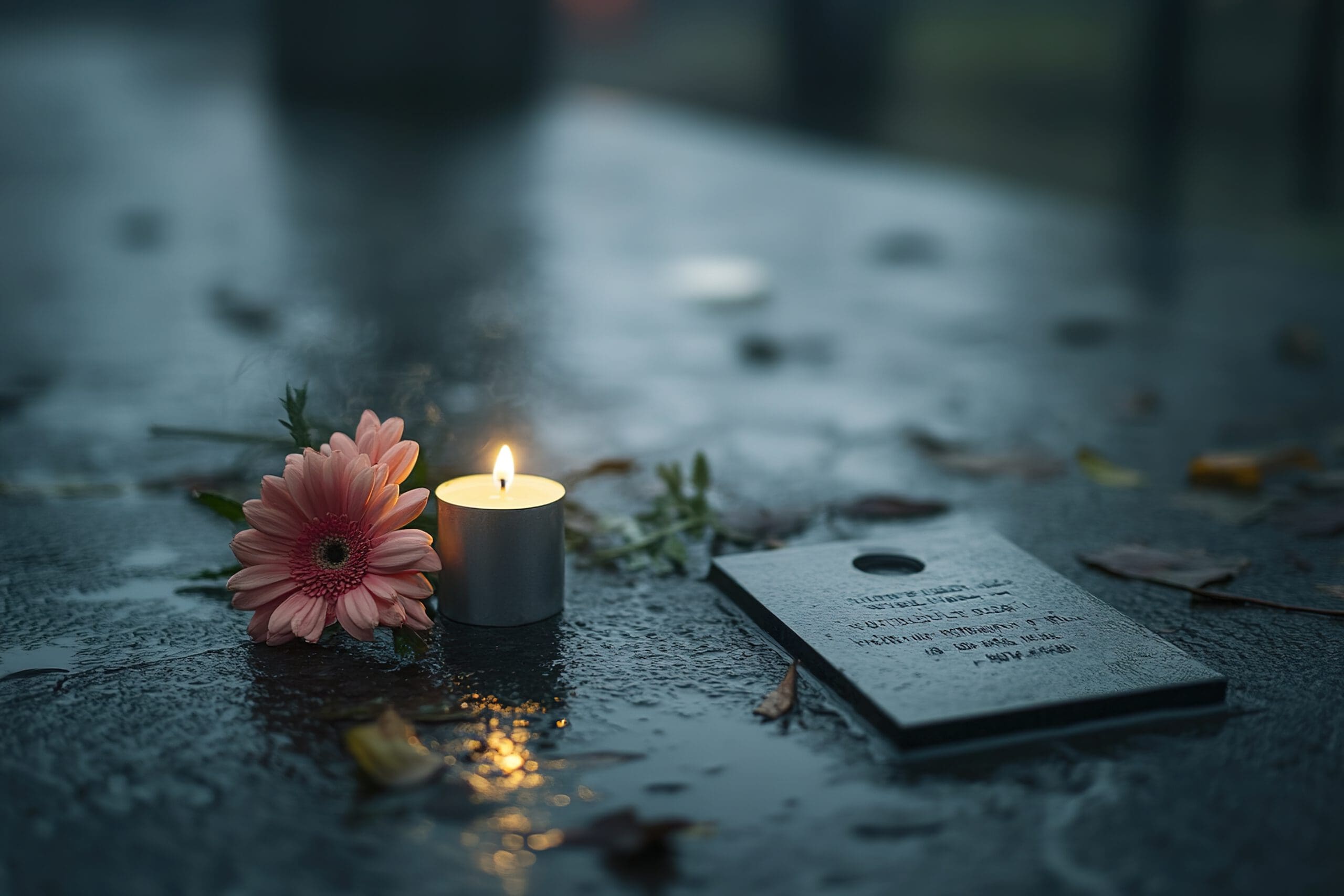 A lit candle and pink flowers rest on a wet headstone in the rain, surrounded by fallen leaves, creating a somber and reflective atmosphere that highlights the importance of respectful grave maintenance.