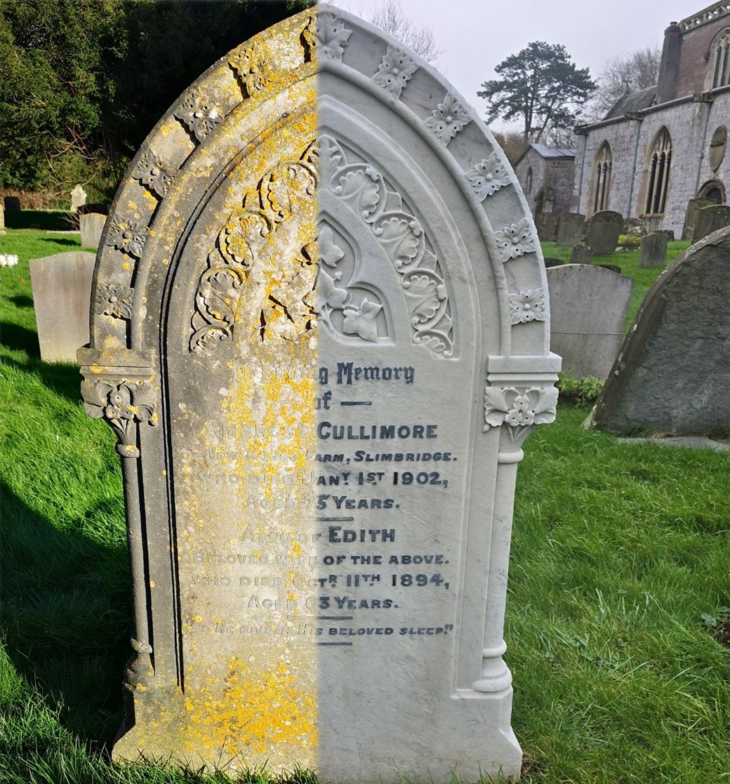 A gravestone in a cemetery is half covered with moss and weathered, while the other half is digitally restored through expert Stone Restorations. A church and other headstones are visible in the background.
